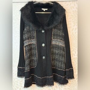 VTG Y2K Sioni Women’s L Petite PL Boho Faux Fur Collar Long Cardigan Sweater